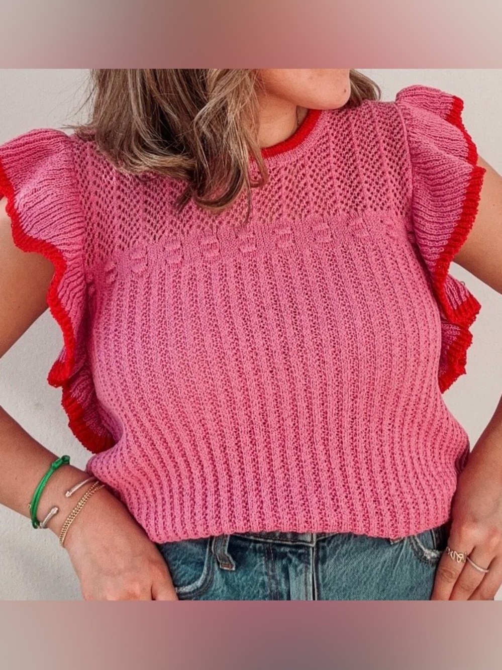 Pink & Red Detail Ruffle Knit